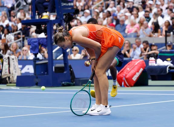 Aryna Sabalenka of Belarus reacts after losing a point to Elena Rybakina of Kazakhstan in the second set of the Women s Finals match in Arthur Ashe Stadium at the 2026 US Open Tennis Championship at the USTA Billie Jean King National Tennis Center in New York City on Saturday, September 12, 2026.  NYP20260912842 JOHNxANGELILLO