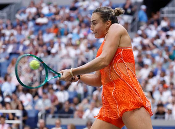 Aryna Sabalenka of Belarus hits a backhand return to Elena Rybakina of Kazakhstan in the second set of the Women s Finals match in Arthur Ashe Stadium at the 2026 US Open Tennis Championship at the USTA Billie Jean King National Tennis Center in New York City on Saturday, September 12, 2026.  NYP20260912836 JOHNxANGELILLO