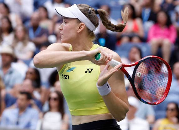 Elena Rybakina of Kazakhstan hits a backhand return to Aryna Sabalenka of Belarus in the second set of the Women s Finals match in Arthur Ashe Stadium at the 2026 US Open Tennis Championship at the USTA Billie Jean King National Tennis Center in New York City on Saturday, September 12, 2026.  NYP20260912840 JOHNxANGELILLO