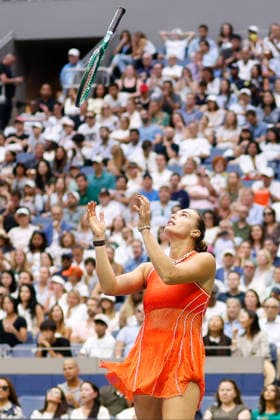 Aryna Sabalenka of Belarus throws her racket in the air after losing a point to Elena Rybakina of Kazakhstan in the third set of the Women s Finals match in Arthur Ashe Stadium at the 2026 US Open Tennis Championship at the USTA Billie Jean King National Tennis Center in New York City on Saturday, September 12, 2026.  NYP20260912857 JOHNxANGELILLO
