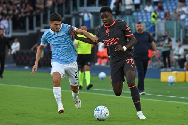 Soccer, Serie A match , Lazio v Milan Reda Belahyane of SS Lazio ,Alphadjo Cisse of Milan during the Serie A match between Lazio v Milan at Olympic stadium. Rome (Italy), September 12h, 2026 Imago-Images Emmefoto Copyright: xImago-Images Emmefotox