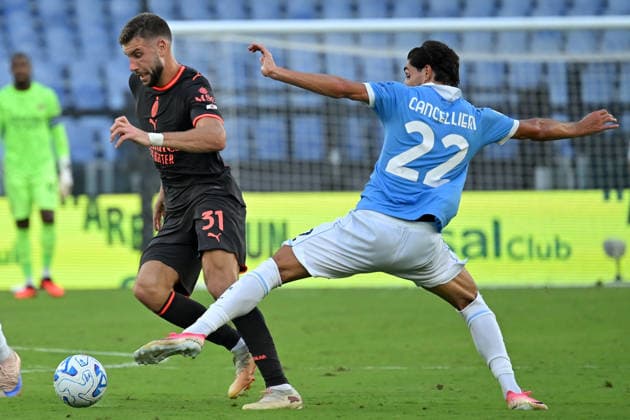 Soccer, Serie A match , Lazio v Milan Strahinja PavloviÄ‡c of Milan,Matteo Cancellieri of SS Lazio during the Serie A match between Lazio v Milan at Olympic stadium. Rome (Italy), September 12h, 2026 Imago-Images Emmefoto Copyright: xImago-Images Emmefotox