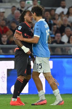 Soccer, Serie A match , Lazio v Milan Diego Moreira of Milan,Romano Floriani Mussolini of SS LAzio during the Serie A match between Lazio v Milan at Olympic stadium. Rome (Italy), September 12h, 2026 Imago-Images Emmefoto Copyright: xImago-Images Emmefotox