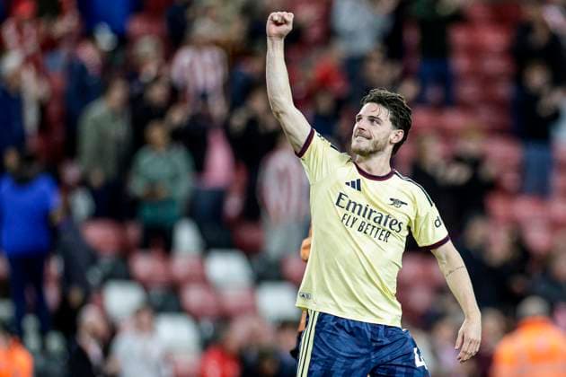 Sunderland v Arsenal Premier League Declan Rice of Arsenal celebrates at full time during the Premier League match at the Stadium of Light, Sunderland 12 09 2026 UK Newspapers OUT Copyright: xJamiexJohnstonx FIL-23936-0125