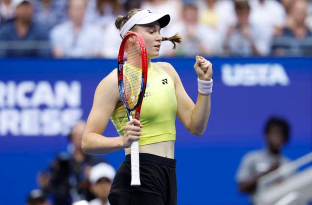 Elena Rybakina of Kazakhstan celebrates after winning the fifth game in the third set against Aryna Sabalenka of Belarus in the Women s Finals match in Arthur Ashe Stadium at the 2026 US Open Tennis Championship at the USTA Billie Jean King National Tennis Center in New York City on Saturday, September 12, 2026.  NYP20260912859 JOHNxANGELILLO