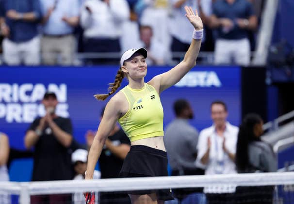 Elena Rybakina of Kazakhstan celebrates after defeating Aryna Sabalenka of Belarus in the Women s Finals match in Arthur Ashe Stadium at the 2026 US Open Tennis Championship at the USTA Billie Jean King National Tennis Center in New York City on Saturday, September 12, 2026. Rybakina won with a score of 6-4, 5-7, 6-2.  NYP20260912861 JOHNxANGELILLO