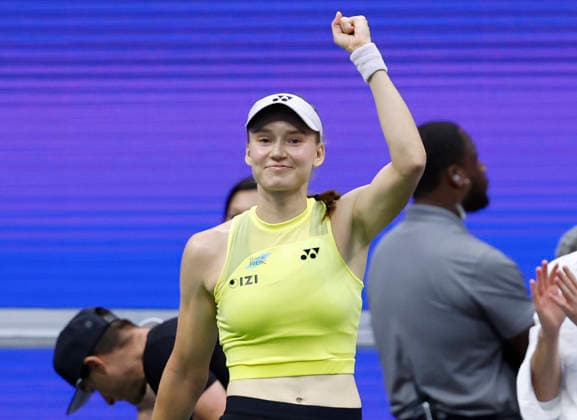 Elena Rybakina of Kazakhstan celebrates after defeating Aryna Sabalenka of Belarus in the Women s Finals match in Arthur Ashe Stadium at the 2026 US Open Tennis Championship at the USTA Billie Jean King National Tennis Center in New York City on Saturday, September 12, 2026. Rybakina won with a score of 6-4, 5-7, 6-2.  NYP20260912862 JOHNxANGELILLO
