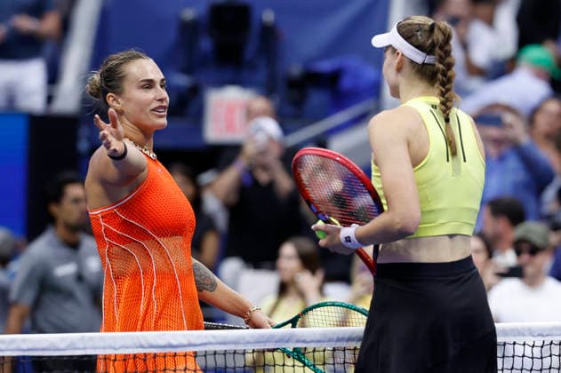 Elena Rybakina of Kazakhstan is congratulated by Aryna Sabalenka of Belarus after their Women s Finals match in Arthur Ashe Stadium at the 2026 US Open Tennis Championship at the USTA Billie Jean King National Tennis Center in New York City on Saturday, September 12, 2026. Rybakina won with a score of 6-4, 5-7, 6-2.  NYP20260912865 JOHNxANGELILLO