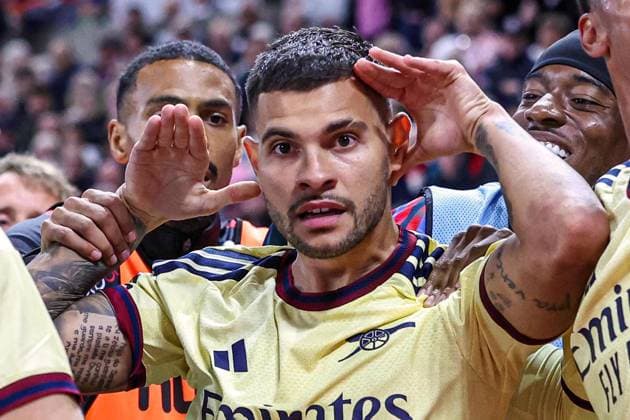 Sunderland v Arsenal Premier League Bruno Guimaraes of Arsenal celebrates his goal during the Premier League match at the Stadium of Light, Sunderland 12 09 2026 UK Newspapers OUT Copyright: xJamiexJohnstonx FIL-23936-0184