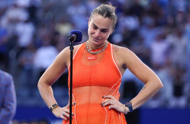 US Open tennis tournament - Day 14 Aryna Sabalenka of Belarus reacts during the trophy ceremony after losing in the Women’s Singles Finals to Elena Rybakina of Kazakhstan in the US Open Tennis Championships in Flushing Meadows, New York, USA, 12 September 2026. FLUSHING MEADOWS NEW YORK United States  Copyright: xSARAHxYENESELx