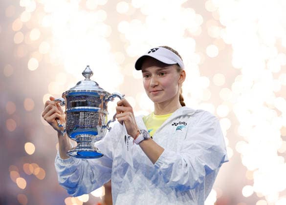 Elena Rybakina of Kazakhstan holds the championship trophy after defeating Aryna Sabalenka of Belarus in the Women s Finals match in Arthur Ashe Stadium at the 2026 US Open Tennis Championship at the USTA Billie Jean King National Tennis Center in New York City on Saturday, September 12, 2026. Rybakina won with a score of 6-4, 5-7, 6-2.  NYP20260913003 JOHNxANGELILLO