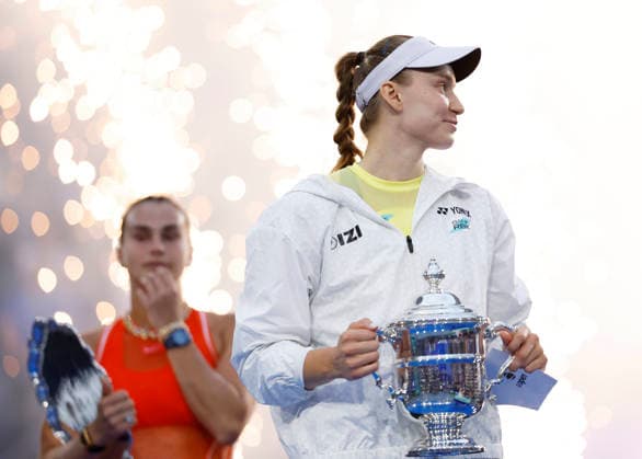 Elena Rybakina of Kazakhstan holds the championship trophy after defeating Aryna Sabalenka of Belarus in the Women s Finals match in Arthur Ashe Stadium at the 2026 US Open Tennis Championship at the USTA Billie Jean King National Tennis Center in New York City on Saturday, September 12, 2026. Rybakina won with a score of 6-4, 5-7, 6-2.  NYP20260913004 JOHNxANGELILLO