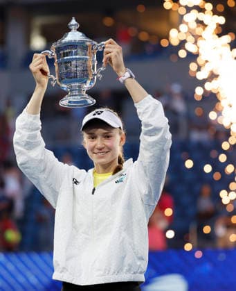 Elena Rybakina of Kazakhstan holds the championship trophy after defeating Aryna Sabalenka of Belarus in the Women s Finals match in Arthur Ashe Stadium at the 2026 US Open Tennis Championship at the USTA Billie Jean King National Tennis Center in New York City on Saturday, September 12, 2026. Rybakina won with a score of 6-4, 5-7, 6-2.  NYP20260913007 JOHNxANGELILLO