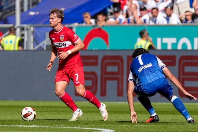 v.li.: Maximilian Mittelstädt (VfB, 7), Leon Avdullahu (Hoffenheim, 7), Aktion, Action, Spielszene, 12.09.2026, Sinsheim (Deutschland), Fussball, Bundesliga, TSG 1899 Hoffenheim - VfB Stuttgart, DFB DFL REGULATIONS PROHIBIT ANY USE OF PHOTOGRAPHS AS IMAGE SEQUENCES AND OR QUASI-VIDEO. *** From left: Maximilian Mittelstädt (VfB), 7, Leon Avdullahu (Hoffenheim), 7, Action, Game scene, September 12, 2026, Sinsheim, Germany, soccer, Bundesliga, TSG 1899 Hoffenheim vs. VfB Stuttgart, DFB and DFL regulations prohibit any use of photographs as image sequences and or quasi-video xozx