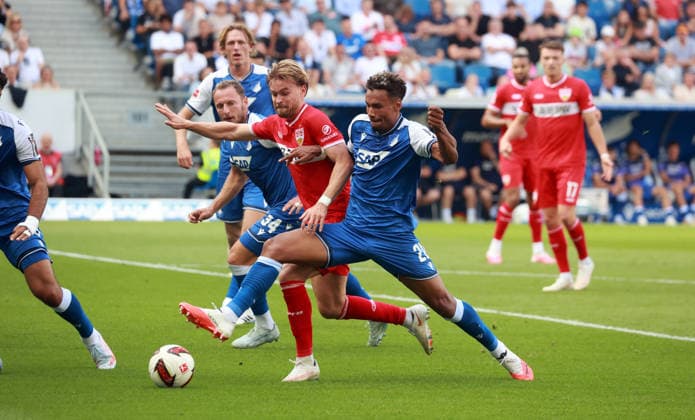 12.09.26 TSG 1899 Hoffenheim - VfB Stuttgart Deutschland, Sinsheim, 12.09.2026, Fussball, Bundesliga, Saison 2026 2027, TSG 1899 Hoffenheim - VfB Stuttgart: v.l. Maximilian Mittelstädt (VfB Stuttgart), Bambase Conteh (TSG 1899 Hoffenheim). *** September 12, 2026 TSG 1899 Hoffenheim vs. VfB Stuttgart Germany, Sinsheim, September 12, 2026, Soccer, Bundesliga, 2026–2027 Season, TSG 1899 Hoffenheim vs. VfB Stuttgart; from left: Maximilian Mittelstädt (VfB Stuttgart), Bambase Conteh (TSG 1899 Hoffenheim)