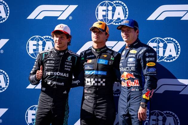 F1 2026: (Qualifying) Spanish Grand Prix in Madrid, Spain 12 Sep 2026 Andrea Kimi Antonelli (ITA) (Mercedes-AMG Petronas F1 Team), Lando Norris (GBR) (McLaren Mastercard F1 Team) and Max Verstappen (NLD) (Oracle Red Bull Racing) in parc fermé after qualifying of the Formula 1 Tag Heuer Spanish Grand Prix 2026 at the Madring. Madrid Spain Copyright: xLucaxMartinix xSOPAxImagesx Luca-Martini-1449667