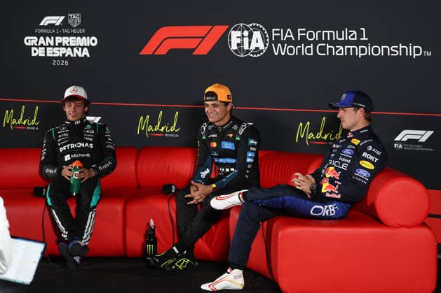 F1 Spanish Grand Prix 2026 Practice 3 And Qualifying Andrea Kimi Antonelli of Mercedes, Lando Norris of McLaren and Max Verstappen of Red Bull Racing during the press conference, PK, Pressekonferenz after qualifying ahead of the Formula 1 Spanish Grand Prix in Madring, Spain on September 12, 2026. Madrid Spain  Copyright: xJakubxPorzyckix originalFilename:porzycki-f1spanis260912_npUjB.jpg