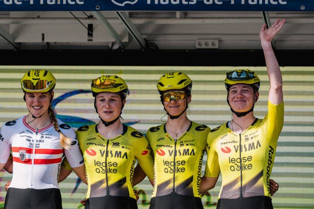 A Travers Les Hauts-de-France - 4th Edition - Teams Presentation Katharina Sadnik of Austria, Imogen Wolff of Great Britain, Margaux Vigie of France and Nienke Veenhoven of the Netherlands, representing Team Visma Lease a Bike, participate in the team presentation for the A Travers les Hauts-de-France 2026 (1.1 UCI - 4th edition) in Queant, Pas-de-Calais, Hauts-de-France, France, on September 12, 2026. QuÃ ant France  Copyright: xGautierxDemouveauxx originalFilename:demouveaux-notitle260912_npZFT.jpg