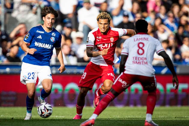 FOOTBALL: RC Strasbourg Alsace v AS Monaco Matchday 4 Ligue 1 McDonald s - 12 09 2026 Diogo Sousa 23 (Racing de Strasbourg) et Paris Brunner 29 (AS Monaco) StrasbourgFrance  Copyright: xx