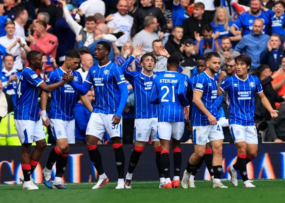 Rangers v Celtic Premier Sports Cup Daniel Neil of Rangers (middle) celebrates scoring his teams first goal with team mates during the Premier Sports Cup Quarter-Final match at Ibrox Stadium, Glasgow 13 09 2026 UK Newspapers OUT Copyright: xFredxPalmerx FIL-23941-0054