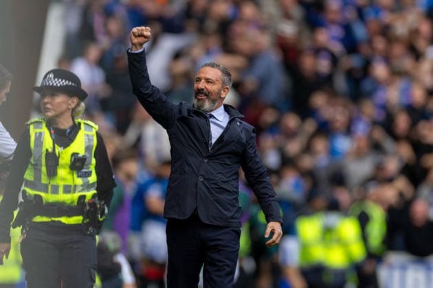 RECORD DATE NOT STATED 13th September 2026; Ibrox Stadium, Glasgow, Scotland; Scottish League Cup Football, Rangers versus Celtic; Rangers manager Derek McInnes celebrates after Dan Neil of Rangers shoots and scores in the 22nd minute to make it 1-0 VagelisxGeorgariou