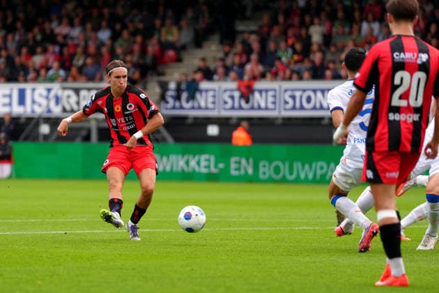 Eredivisie: Excelsior Rotterdam v FC Utrecht Rotterdam - Agust Orri Thorsteinsson of Excelsior Rotterdam shoots during the sixth competition round of the 2026 2027 Eredivisie season. The match is set between Excelsior Rotterdam and FC Utrecht at Stadion Woudestein on 13 September 2026 in Rotterdam, Netherlands. (Hero Images Nick Koole) Copyright: xNickxKoolex