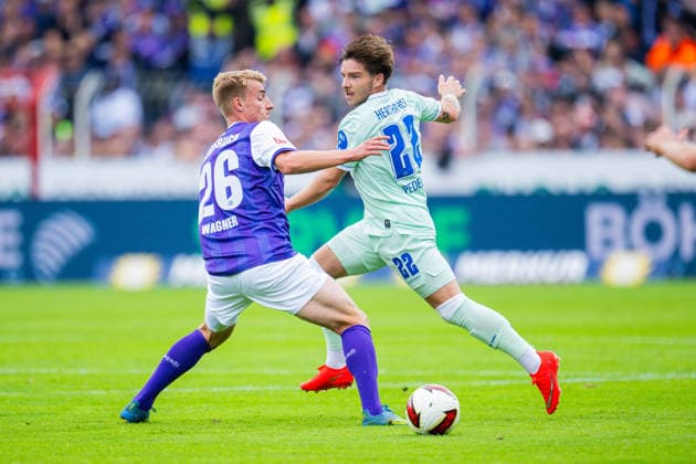 13.09.2026 - Fußball, 2026 2027, 2. Bundesliga, 5. Spieltag, VfL Osnabrück - Hertha BSC Berlin: (L-R) Fridolin Wagner (Osnabrück), Mads Pedersen (Berlin) DFL REGULATIONS PROHIBIT ANY USE OF PHOTOGRAPHS AS IMAGE SEQUENCES AND OR QUASI-VIDEO.