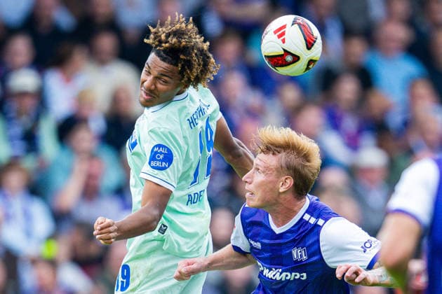 13.09.2026 - Fußball, 2026 2027, 2. Bundesliga, 5. Spieltag, VfL Osnabrück - Hertha BSC Berlin: (L-R) Oluwaseun Adewumi (Berlin), Bjarke Jacobsen (Osnabrück) DFL REGULATIONS PROHIBIT ANY USE OF PHOTOGRAPHS AS IMAGE SEQUENCES AND OR QUASI-VIDEO.