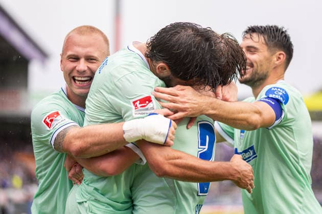 (L-R) Jon Dagur Thorsteinsson (Hertha BSC, 23), Kevin Sessa (Hertha BSC, 08), Mads Pedersen (Hertha BSC, 22), Josip Brekalo (Hertha BSC, 07) jubeln ueber das Tor zum 0:2 GER, VfL Osnabrueck vs. Hertha BSC, Fussball, 2. Bundesliga, 5. Spieltag, Spielzeit 2026 2027, 13.09.2026 DFL Regulations prohibit any use of photographers as image sequences and or quasi-video. GER, VfL Osnabrueck vs. Hertha BSC, Fussball, 2. Bundesliga, 5. Spieltag, Spielzeit 2026 2027, 13.09.2026 Osnabrueck Copyright: xEibner-Pressefoto JanxRollingerx EP_JSK