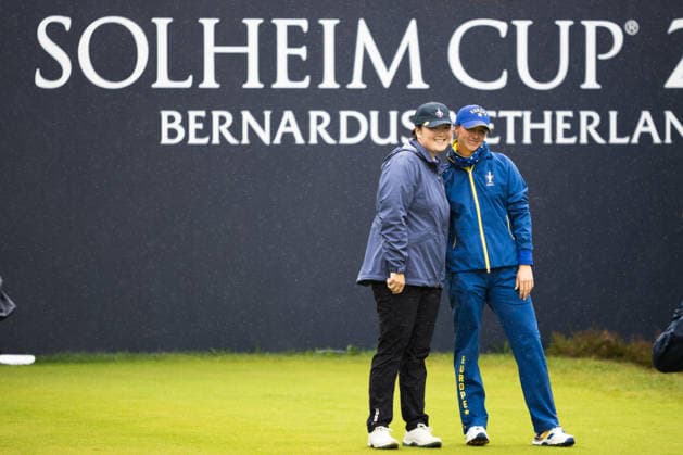 RECORD DATE NOT STATED 13th September 2026; Bernardus Golf, Cromvoirt, Netherlands; Solheim Cup Womens Golf, Final Day; Singles; Angel Yin of the US Team and Linn Grant (SWE) of Team Europe pose together before their match AnthonyxBenoit