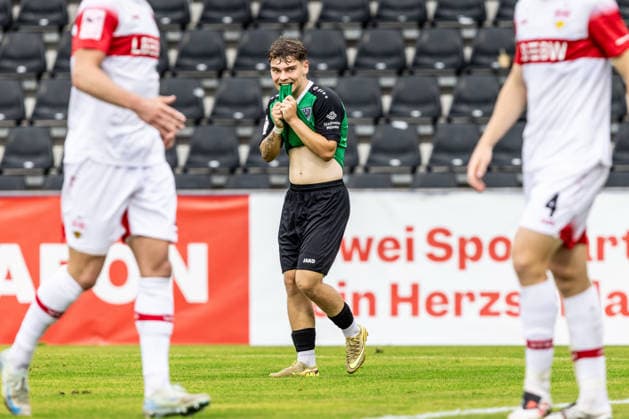 VfB Stuttgart II vs. SC Preussen Muenster, Fussball, 3. Liga, 5. Spieltag, WIRmachenDRUCK Arena Großaspach 13.09.26 vergenene Torchance Marvin Schulz (SC Preussen Muenster, 30) VfB Stuttgart II vs. SC Preussen Muenster, Fussball, 3. Liga, 5. Spieltag, WIRmachenDRUCK Arena Großaspach 13.09.26 Foto: Lucca Fundel Großaspach WIRmachenDRUCK Arena Baden-Württemberg Deutschland