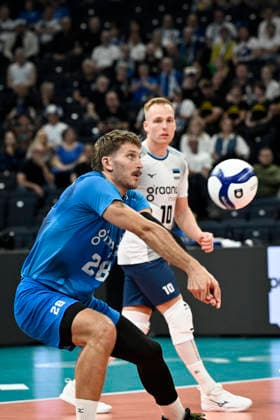 Timo Ander Lohmus (L) and Silver Maar of Estonia during men s volleyball European Championships Pool C match Estonia vs Denmark in Tampere, on 13th of September, 2026. - EMMI KORHONEN Tampere Finland g-gkeyriZM0  Copyright: xEmmixKorhonenx g-gkeyriZM0