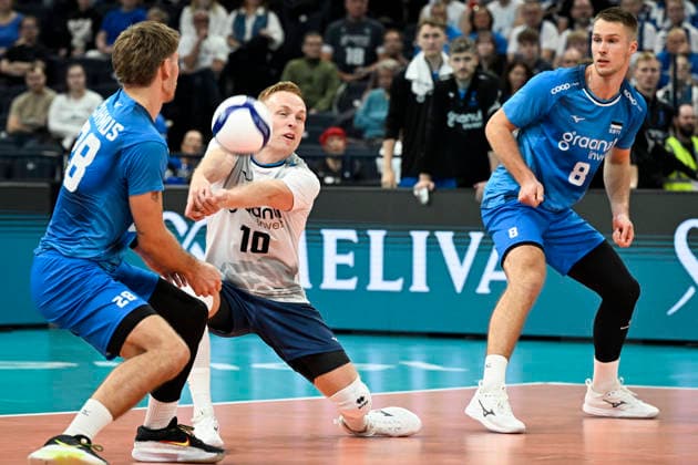 Timo Ander Lohmus (L to R), Silver Maar and Märt Tammearu of Estonia during men s volleyball European Championships Pool C match Estonia vs Denmark in Tampere, on 13th of September, 2026. - EMMI KORHONEN Tampere Finland 0otpGzPpc7w  Copyright: xEmmixKorhonenx 0otpGzPpc7w