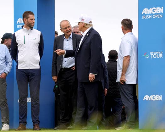 2026 Amgen Irish Open - Fourth Round, Trump International Golf Links, Doonbeg 13 9 2026 Eric Trump with An Taoiseach Micheal Martin and President of the United States of America Donald Trump at the first tee box Eric Trump with Micheal Martin and Donald Trump at the first tee box 13 9 2026  Copyright: xx BB2_9800