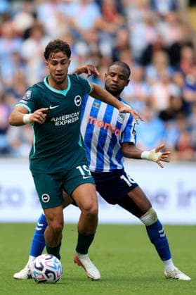 Coventry City v Brighton & and Hove Albion - Premier League 2026 27 Charalampos Kostoulas of Brighton and Hove Albion and Frank Onyeka of Coventry City challenge during the Premier League 2026 27 match between Coventry City and Brighton & Hove Albion at The Coventry Building Society Arena on September 13, 2026 in Coventry, England. WARNING! This Photograph May Only Be Used For Newspaper And Or Magazine Editorial Purposes. May Not Be Used For Publications Involving 1 player, 1 Club Or 1 Competition Without Written Authorisation From Football DataCo Ltd. For Any Queries, Please Contact Football DataCo Ltd on +44 (0) 207 864 9121 Coventry The Coventry Building Society Arena England United Kingdom Copyright: xAllstarxPicturexLibraryxLtdx