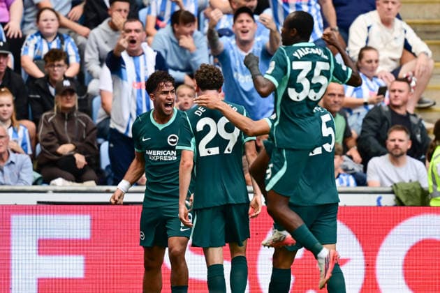 Coventry City v Brighton and Hove Albion, Premier League GOAL Brighton and Hove Albion forward Charalampos Kostoulas (19) scores a goal and celebrates with The Brighton and Hove Albion players 0-1 during the Premier League match between Coventry City and Brighton and Hove Albion at the Coventry Building Society Arena, Coventry, UK on 13 September 2026. Coventry Coventry Building Society Arena West Midlands UK Editorial use only DataCo restrictions apply See www.football-dataco.com , Copyright: xDennisxGoodwinx PSI-24865-0038