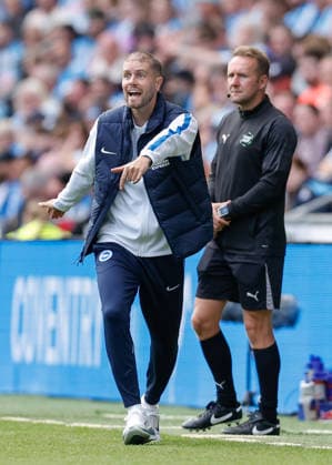 Coventry, England, 13th September 2026. Fabian Hurzeler head coach of Brighton and Hove Albion during the Coventry City vs Brighton and Hove Albion Premier League match at the Coventry Building Society Arena, Coventry. Picture credit should read: Cody Froggatt Sportimage EDITORIAL USE ONLY. No use with unauthorised audio, video, data, fixture lists, club league logos or live services. Online in-match use limited to 120 images, no video emulation. No use in betting, games or single club league player publications. SPI_015_CF_COVENTRY_CITY_V_BRIGHTON SPI-4994-0015