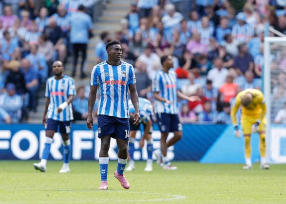 Coventry, England, 13th September 2026. Taiwo Awoniyi of Coventry City reacts after his side concedes their first goal during the Coventry City vs Brighton and Hove Albion Premier League match at the Coventry Building Society Arena, Coventry. Picture credit should read: Cody Froggatt Sportimage EDITORIAL USE ONLY. No use with unauthorised audio, video, data, fixture lists, club league logos or live services. Online in-match use limited to 120 images, no video emulation. No use in betting, games or single club league player publications. SPI_024_CF_COVENTRY_CITY_V_BRIGHTON SPI-4994-0024