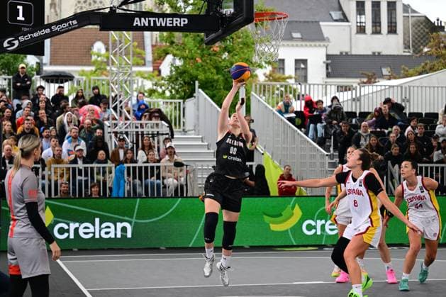 Belgium s Ine Joris and +pictured during a 3x3 basketball game between Spain and Belgium, a quarter-finals game the women s FIBA 3x3 Europe Cup, on Sunday 13 September 2026 in Antwerp. DIRKxWAEM  x186203141x