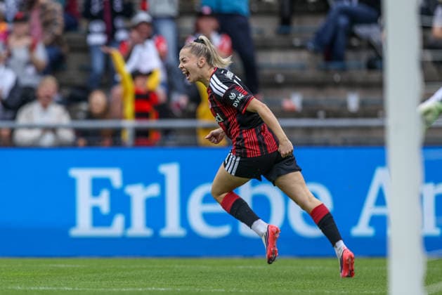 GER, Frankfurt, Eintracht Frankfurt vs TSG Hoffenheim, Google Pixel Frauen Bundesliga, Fussball, DFB, Spielzeit 2026 2027, Stadion am Brentanobad, 4. Spieltag im Bild: Nina Lührsen (Eintracht Frankfurt Frauen 11), Tor, Jubel und Freude, Emotionen, 1:0 DFB DFL REGULATIONS PROHIBIT ANY USE OF PHOTOGRAPHS AS IMAGE SEQUENCES AND OR QUASI-VIDEO, 13.09.2026 Copyright: HMBxMedia HendrikxHamelau