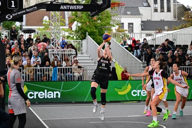 Belgium s Ine Joris and +pictured during a 3x3 basketball game between Spain and Belgium, a quarter-finals game the women s FIBA 3x3 Europe Cup, on Sunday 13 September 2026 in Antwerp. DIRKxWAEM  x186203128x