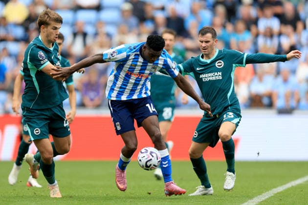 Coventry City v Brighton & and Hove Albion - Premier League 2026 27 Luka Vuskovic of Brighton and Hove Albion, Taiwa Awoniyi of Coventry City and Pascal Gross of Brighton and Hove Albion challenge during the Premier League 2026 27 match between Coventry City and Brighton & Hove Albion at The Coventry Building Society Arena on September 13, 2026 in Coventry, England. WARNING! This Photograph May Only Be Used For Newspaper And Or Magazine Editorial Purposes. May Not Be Used For Publications Involving 1 player, 1 Club Or 1 Competition Without Written Authorisation From Football DataCo Ltd. For Any Queries, Please Contact Football DataCo Ltd on +44 (0) 207 864 9121 Coventry The Coventry Building Society Arena England United Kingdom Copyright: xAllstarxPicturexLibraryxLtdx