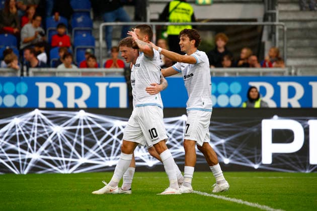 13.09.2026, xavx, Fussball 3.Liga, SV Wehen Wiesbaden - SV Waldhof Mannheim v.l. Julian Ulbricht (SV Waldhof Mannheim) celebrate the goal, Der Torjubel zum 0:1 Wiesbaden