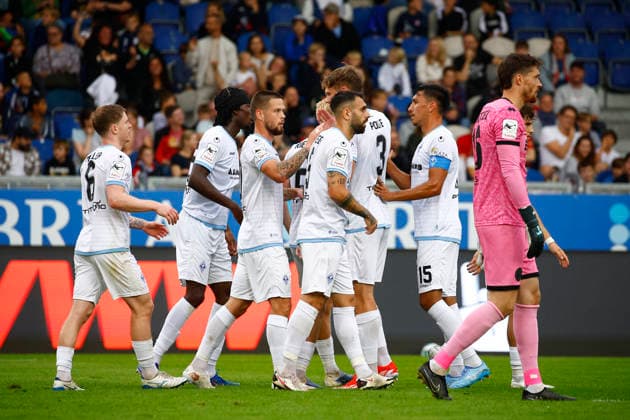 13.09.2026, xavx, Fussball 3.Liga, SV Wehen Wiesbaden - SV Waldhof Mannheim v.l. Julian Ulbricht (SV Waldhof Mannheim) celebrate the goal, Der Torjubel zum 0:1 Wiesbaden