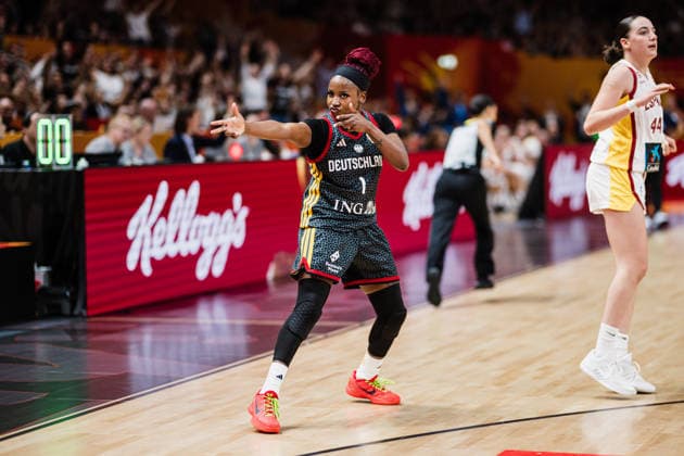 FIBA Women™s Basketball World Cup 2026: Spanien vs. Deutschland, 13.09.2026 Alexis Peterson (Deutschland, 1) jubelt, JUBEL; Basketball, FIBA Women™s Basketball World Cup 2026, Final Phase, Spiel um Platz 3: Spanien vs. Deutschland am 13.09.2026 in der Uber Arena, Berlin Copyright: xBEAUTIFULxSPORTS Tonhäuserx