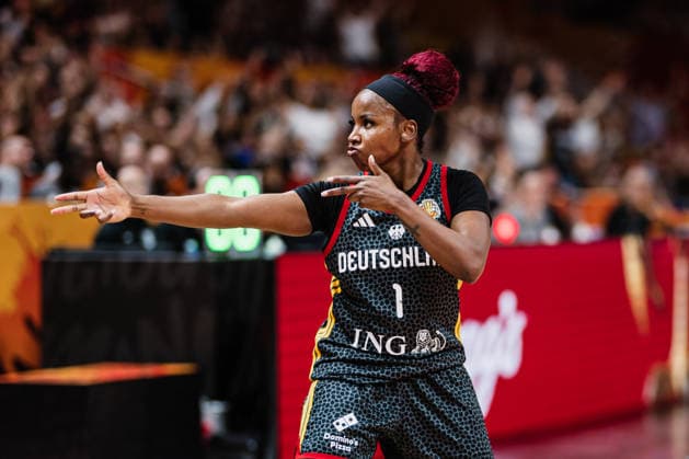 FIBA Women™s Basketball World Cup 2026: Spanien vs. Deutschland, 13.09.2026 Alexis Peterson (Deutschland, 1) jubelt, JUBEL; Basketball, FIBA Women™s Basketball World Cup 2026, Final Phase, Spiel um Platz 3: Spanien vs. Deutschland am 13.09.2026 in der Uber Arena, Berlin Copyright: xBEAUTIFULxSPORTS Tonhäuserx