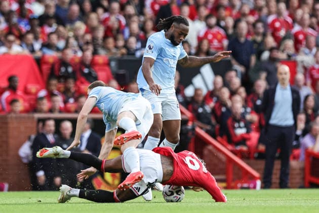 Premier League: Manchester United, ManU v Manchester City Marcus Rashford of Manchester United is fouled by Elliot Anderson of Manchester City during the Premier League match Manchester United vs Manchester City at Old Trafford, Manchester, United Kingdom on 13 September 2026 (Photo by Mark Cosgrove News Images) Manchester Old Trafford Greater Manchester United Kingdom Copyright: xMarkxCosgrove NewsxImagesx