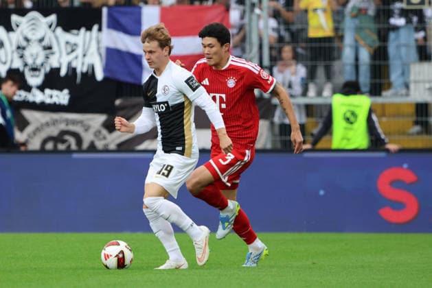 13.09.2026, Fussball, Herren, 1. Bundesliga, Saison 2026 2027, SV 07 Elversberg - FC Bayern München, Cole Campbell (SV 07 Elversberg), Minjae Kim (FC Bayern München) Elversberg Ursapharm-Arena an der Kaiserlinde Saarland Deutschland (DEU) Copyright: xFabianxKleerx