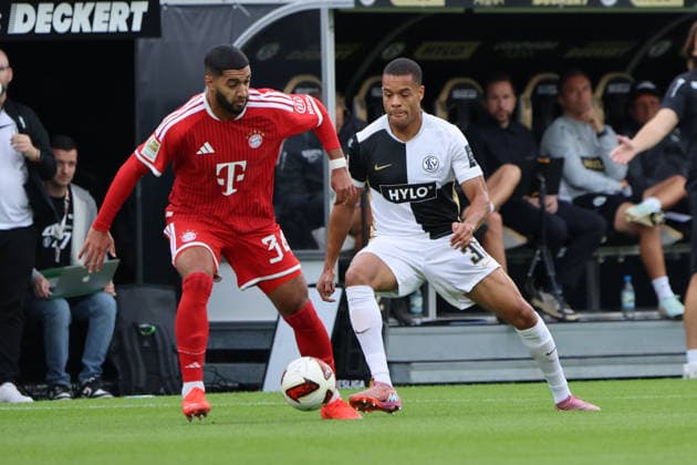 13.09.2026, Fussball, Herren, 1. Bundesliga, Saison 2026 2027, SV 07 Elversberg - FC Bayern München, Ismael Saibari (FC Bayern München), Jan Gyamerah (SV 07 Elversberg) Elversberg Ursapharm-Arena an der Kaiserlinde Saarland Deutschland (DEU) Copyright: xFabianxKleerx