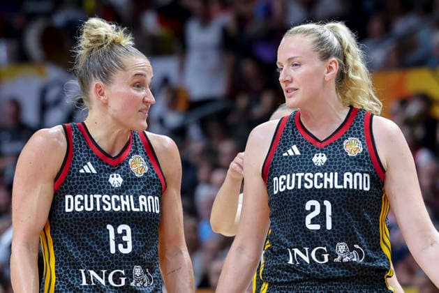Leonie Fiebich (Germany) und Marie Guelich (Germany) look dejected during the FIBA Women s Basketball World Cup Germany 2026 3rd-place match between Spain and Germany at Berlin Arena on September 13, 2026 in Berlin, Germany. (Photo by Marco Steinbrenner DeFodi Images) -